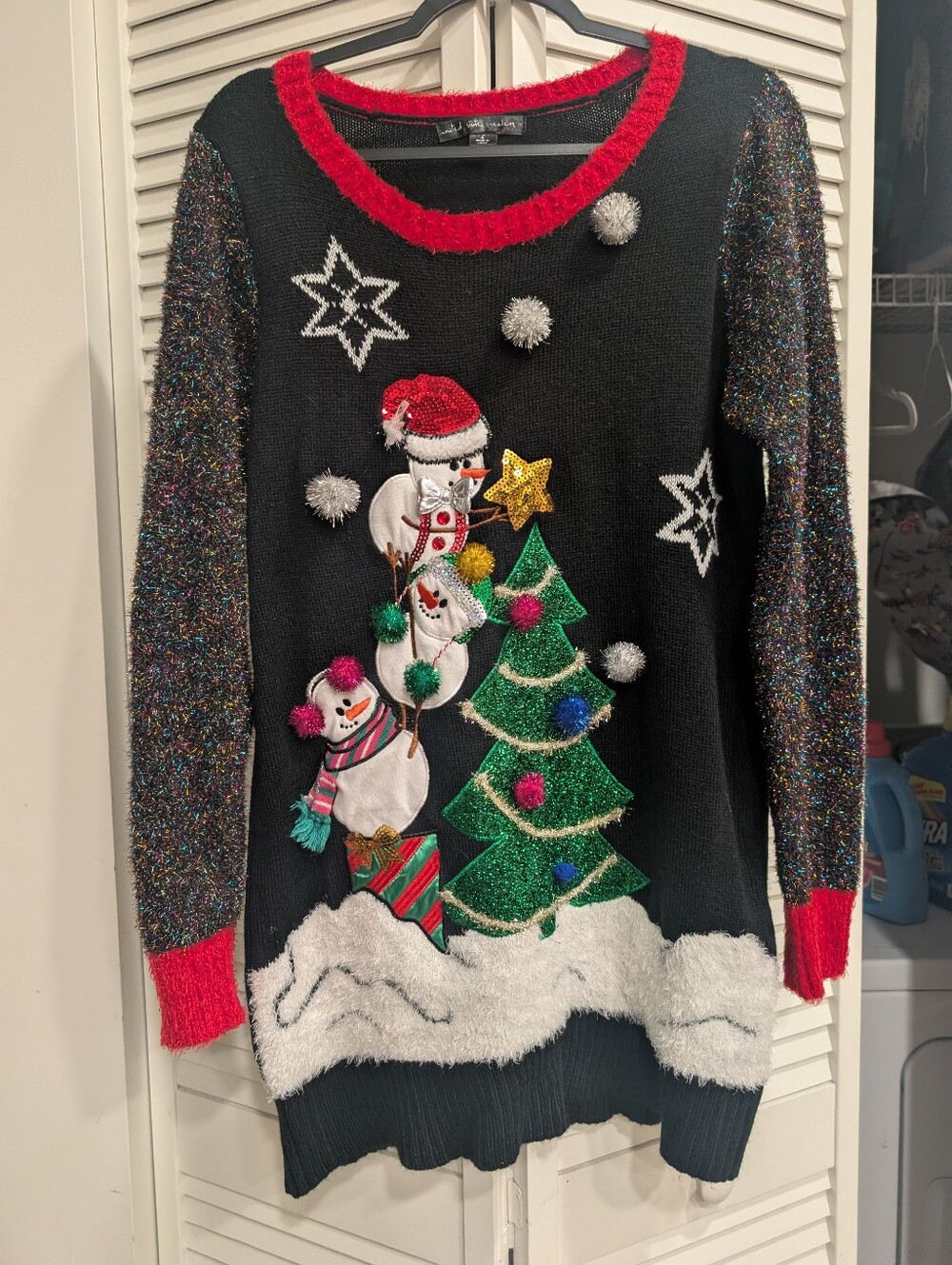 Ugly Christmas Festive Black Women’s Holiday Snowman Sweater with Red Trim Sz L